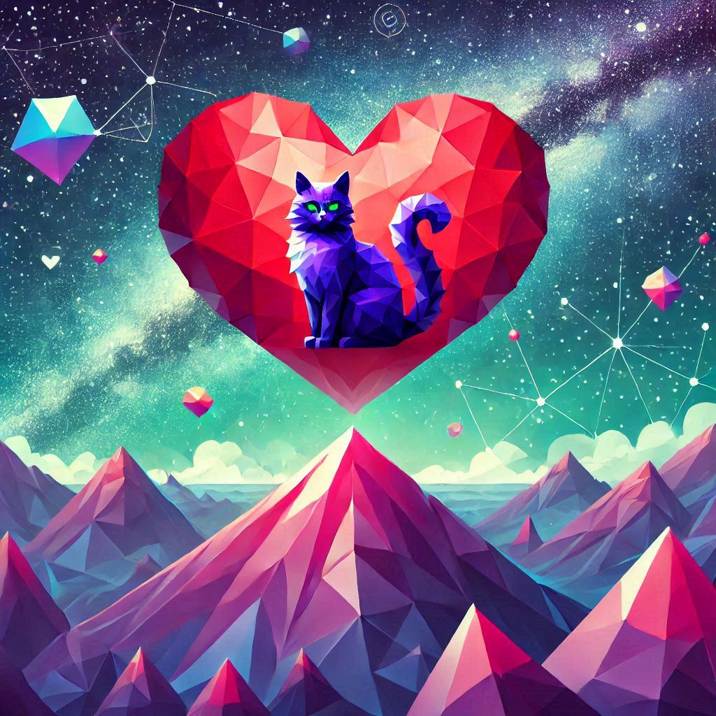 Image d'un chat dans un coeur avec des montagnes dans un style low poly