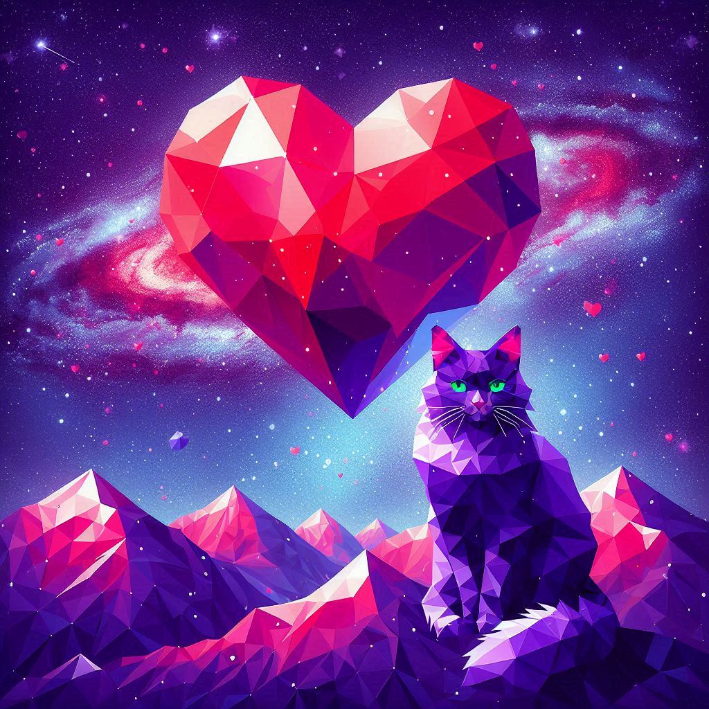 Image d'un chat dans un coeur avec des montagnes dans un style low poly