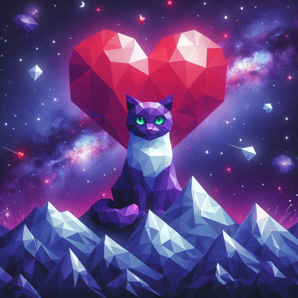Image d'un chat dans un coeur avec des montagnes dans un style low poly
